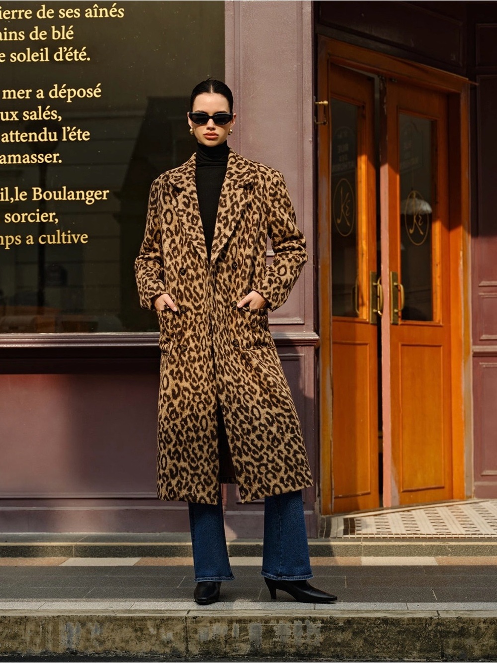 COMMENSE Leopard Prints Pockets Long Wool Blend Coat Light Brown Animal Print XS